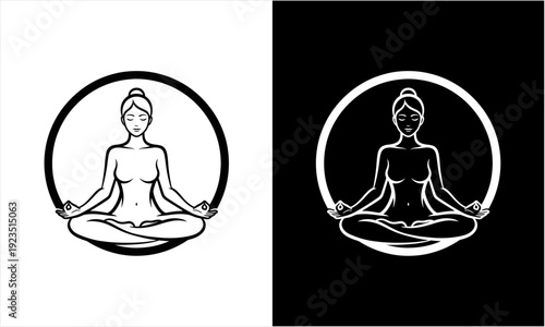 Woman Meditating in Lotus Pose Yoga Silhouette Logo Design.