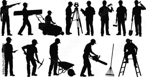 Black silhouettes of construction workers with various tools and equipment white background