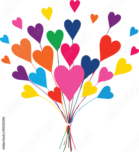 Colorful hearts tied together with strings on white background balloons heart balloons
