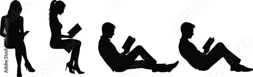 Four black silhouettes of people reading on white background books sitting