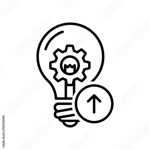 A simple line art illustration of a lightbulb containing a gear, symbolizing innovative ideas and progress.