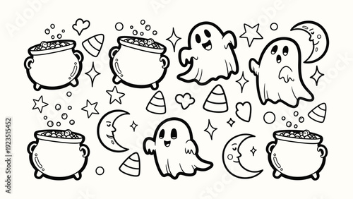 Halloween doodle set with friendly ghosts cauldrons candy corn and moon phases for holiday projects