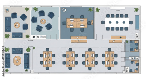 Office floor plan with various meeting rooms and workstations for collaborative work.