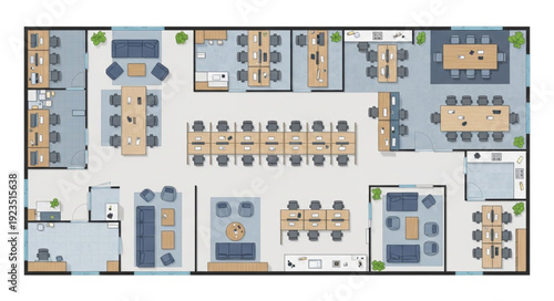 Office floor plan with desks, chairs, and meeting rooms for business operations.
