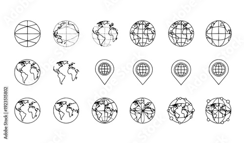 Minimal outline globe and world map icon set isolated on transparent background