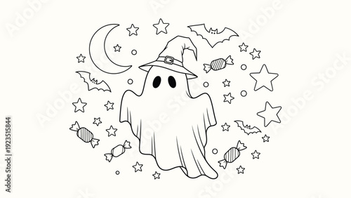 Halloween ghost with hat candies bats moon stars outline coloring page