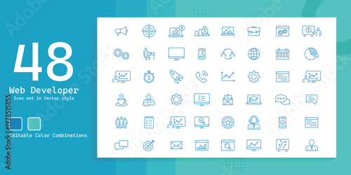 Web Developer icon set in line style. Included the icons as code, programmer coding, mobile app, api, node connect, flow, logic, web coder, Vector illustration