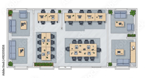 Office space floor plan with desks, chairs, and meeting tables.