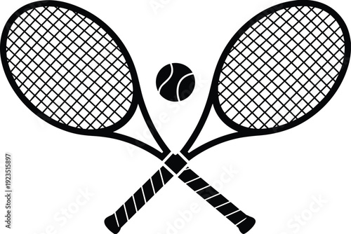 Crossed tennis rackets with ball silhouette, classic sport equipment icon isolated on white background vector illustration design