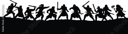 Fantasy warrior silhouettes battle scene, medieval fighters with swords and axes, epic combat characters isolated on white background