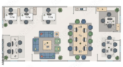 Office space layout with desks, chairs, and meeting tables for collaborative work.