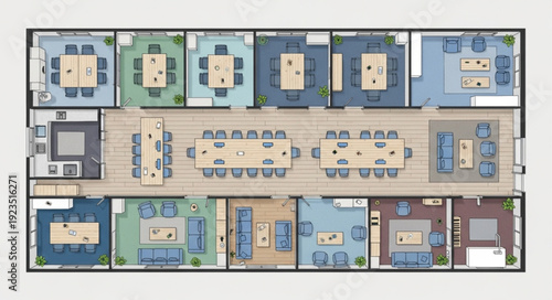 Modern office space layout with multiple rooms and collaborative areas for work.