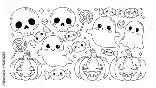 Halloween spooky cute set black outline drawings skulls ghosts pumpkins candies lollipops