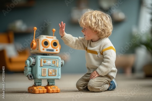 Child's Play: A Young Boy's Enchanting Encounter with a Retro Robot generated by AI
