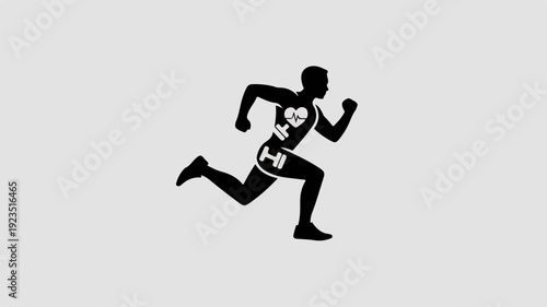 Athlete running in motion dynamic black silhouette on gray background conveying speed and energy