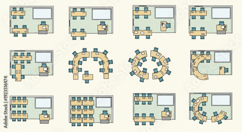 Classroom layouts and arrangements for educational purposes and learning.