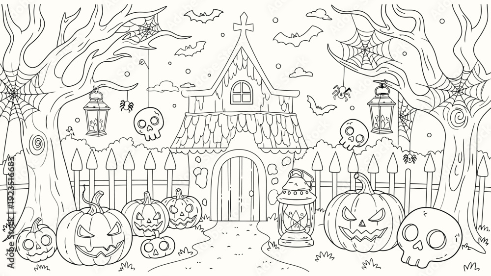 Obraz premium Haunted house with pumpkins, skulls, spiders and bats, halloween spooky background coloring page