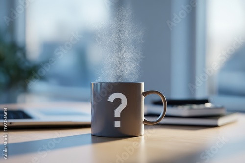 A ceramic coffee mug on an office desk, with a question mark icon printed on the mug