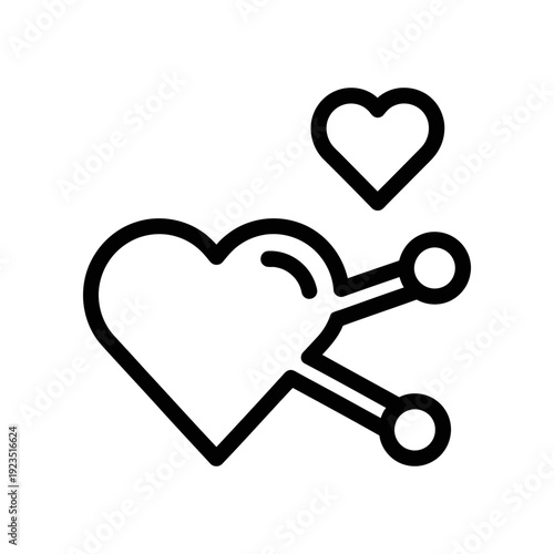 Minimalist black and white illustration of a broken paper heart cut by scissors, symbolizing love relationship issues and emotional pain for commercial use.