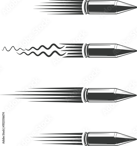 Flying bullet silhouettes with motion speed lines, fast projectile ammunition vector illustration isolated on white background