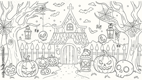 Haunted house with pumpkins, skulls, spiders and bats, halloween spooky background coloring page