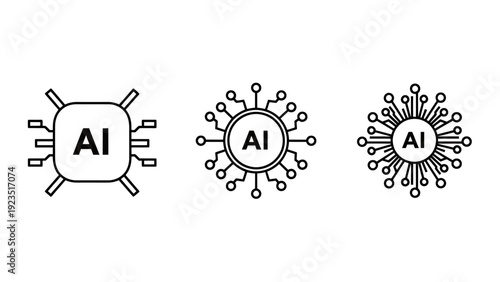 Three AI Chip Glyphs with Circuit Patterns in a Graphic Style Illustration.
