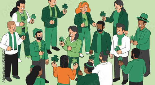 A vibrant flat design illustration depicting a modern and inclusive community celebrating St. Patrick's Day with minimalist green elements and joyful expressions.