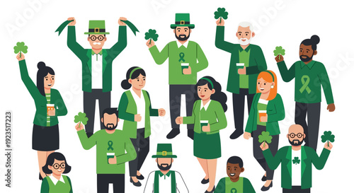 A vibrant flat design illustration depicting a modern and inclusive community celebrating St. Patrick's Day with minimalist green elements and joyful expressions.