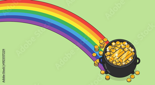 A clean flat design vector illustration of a stylized pot of gold at the end of a vibrant rainbow, symbolizing luck, wealth, and St. Patrick's Day fortune.