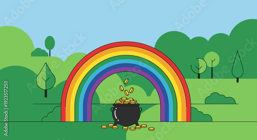 A clean flat design vector illustration of a stylized pot of gold at the end of a vibrant rainbow, symbolizing luck, wealth, and St. Patrick's Day fortune.
