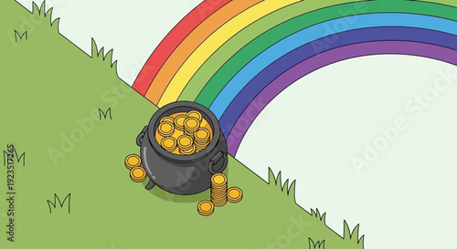 A clean flat design vector illustration of a stylized pot of gold at the end of a vibrant rainbow, symbolizing luck, wealth, and St. Patrick's Day fortune.