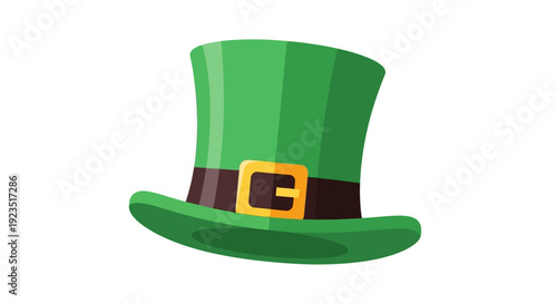 A playful flat design vector illustration of a leprechaun's iconic green top hat with a golden buckle, rendered with clean geometric shapes.