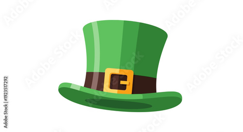 A playful flat design vector illustration of a leprechaun's iconic green top hat with a golden buckle, rendered with clean geometric shapes.
