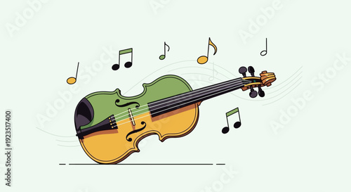A vibrant flat design vector illustration of an Irish fiddle surrounded by musical notes, representing the festive sounds of St. Patrick's Day celebrations.