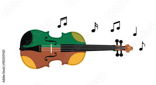 A vibrant flat design vector illustration of an Irish fiddle surrounded by musical notes, representing the festive sounds of St. Patrick's Day celebrations.