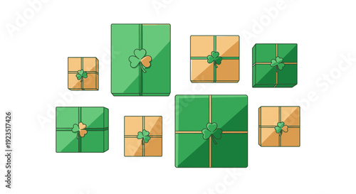A charming flat design vector illustration featuring minimalist green and gold gift boxes adorned with shamrocks, perfect for St. Patrick's Day themed gifting and shopping concepts.