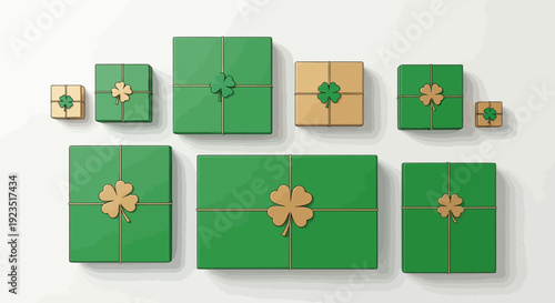 A charming flat design vector illustration featuring minimalist green and gold gift boxes adorned with shamrocks, perfect for St. Patrick's Day themed gifting and shopping concepts.