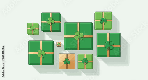 A charming flat design vector illustration featuring minimalist green and gold gift boxes adorned with shamrocks, perfect for St. Patrick's Day themed gifting and shopping concepts.