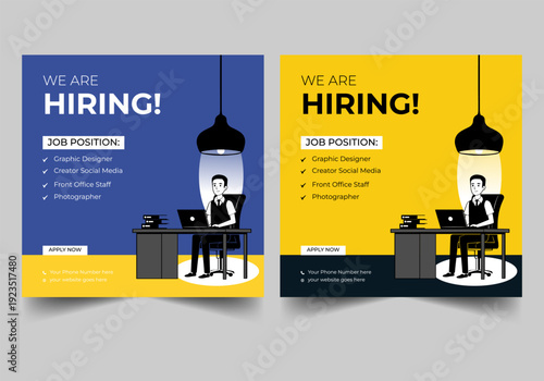 We are hiring job vacancy social media post banner design template. We are hiring job vacancy square web banner design.
