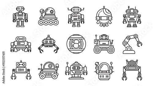 Collection of whimsical robotic icons in a simple line style, featuring diverse droids and machines.