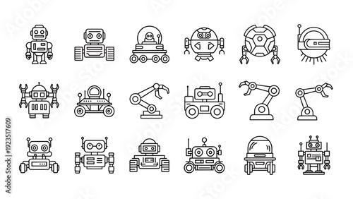 Grid of black line robot icons and vector illustrations for graphic resources.