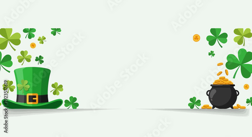 A clean flat design vector illustration for a St. Patrick's Day banner or header, featuring minimalist festive elements and ample space for custom text.