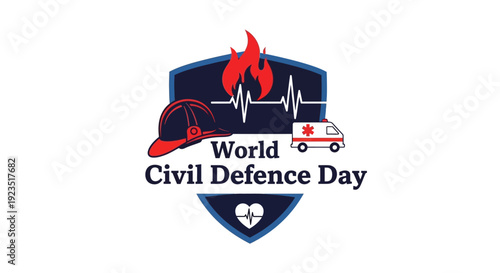 Vector illustration of World Civil Defence Day logo with emergency response icons on a blue shield, symbolizing disaster preparedness and public safety.