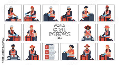 Vector illustration of a World Civil Defence Day icon set depicting various emergency response and rescue operations scenes with safety education themes.