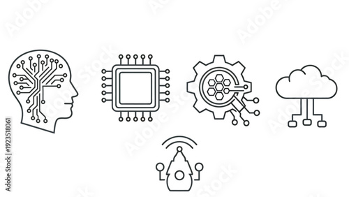 Set of technology icons representing artificial intelligence, computing, cloud, and innovation concepts.