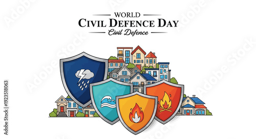Illustration of World Civil Defence Day with shields representing emergency response, risk reduction, and public safety in front of houses and buildings on a white background.