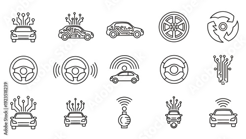 Collection of car and wheel icons including vintage, modern, steering wheel, crown motif, and automotive outlines.