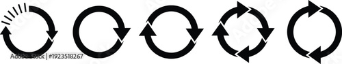 A series of five black circular arrows with varying line widths and arrowhead designs