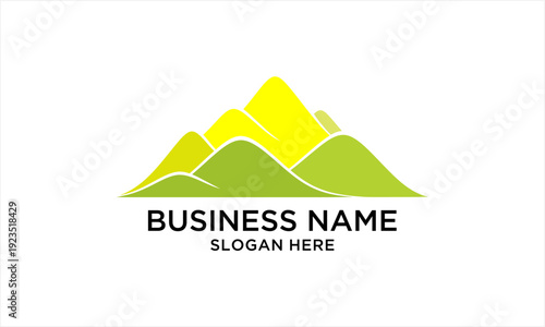 Abstract mountain landscape logo design with green and yellow peaks, representing nature and growth.