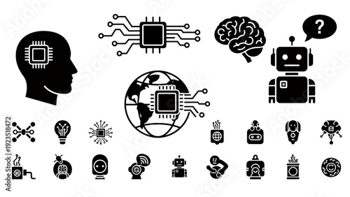 Assorted robotics and circuitry icons representing technology and artificial intelligence.